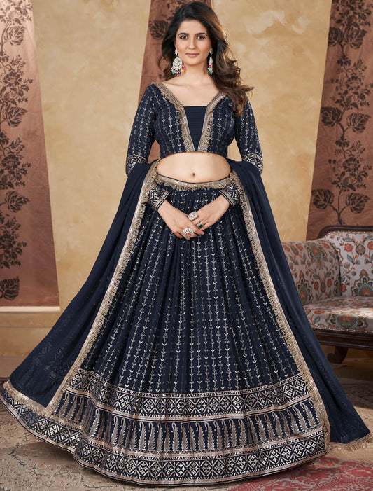 Navy Georgette Traditional Wedding Outfit Women Lehenga Choli With Dupatta