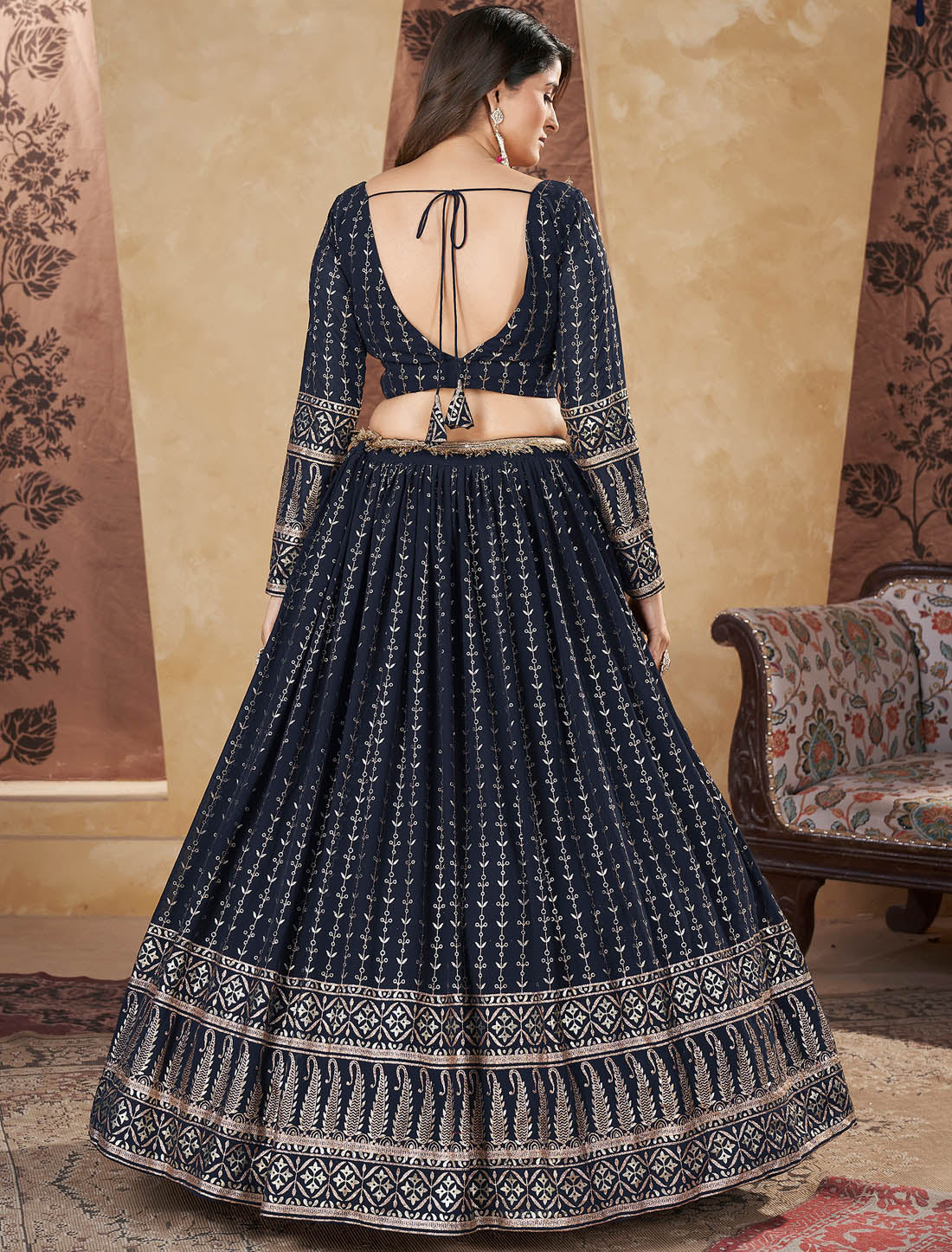 Navy Georgette Traditional Wedding Outfit Women Lehenga Choli With Dupatta