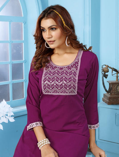 Royal Women Elegance Rinkal Cotton with Inner Stitched Embroidery Work Kurti & Pant Set