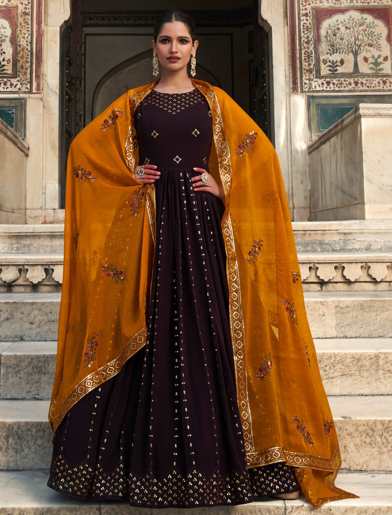 Women Purple Georgette Ethnic Designer Embroidery Gown with Thread and Sequin Work