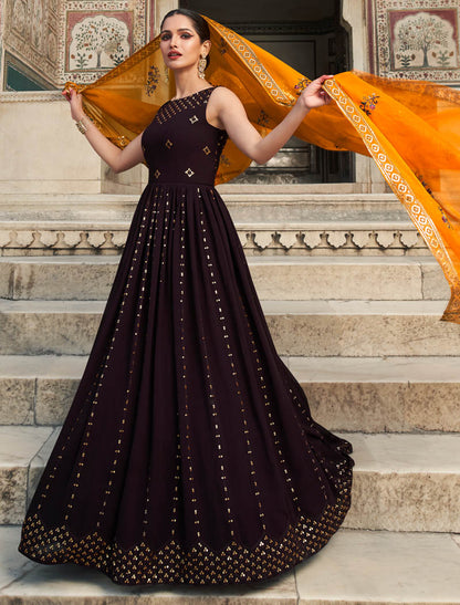Women Purple Georgette Ethnic Designer Embroidery Gown