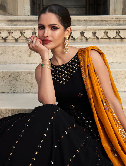 Women Black Georgette Designer Ethnic Embroidery Gown