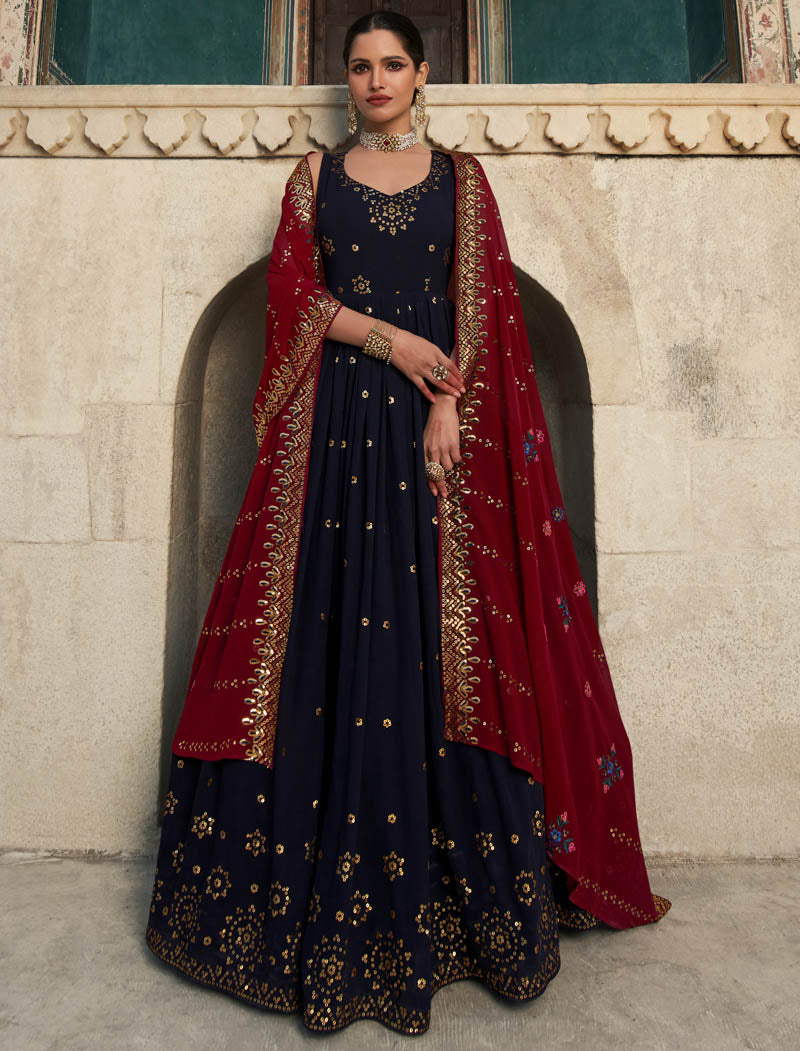 Ethnic Navy Blue Georgette Designer Gown For Women with Thread and Sequin Embroidery Work