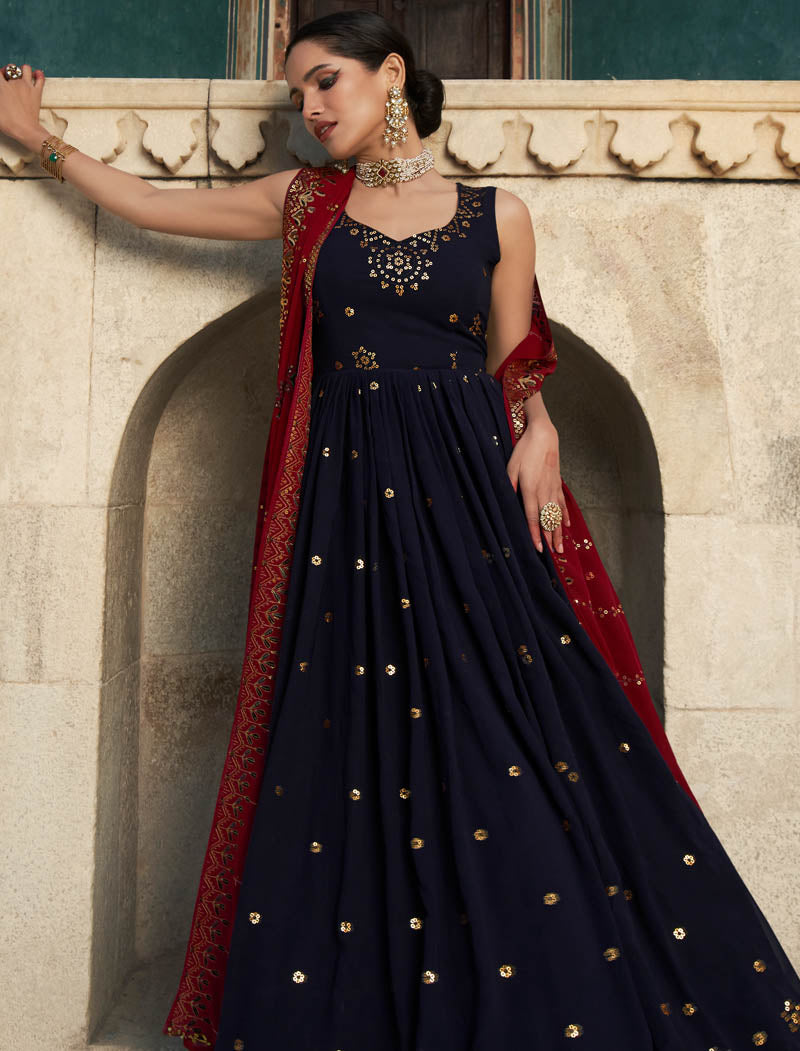 Ethnic Navy Blue Georgette Designer Gown For Women with Thread and Sequin Embroidery Work