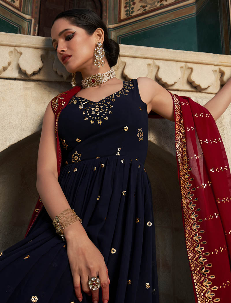 Ethnic Navy Blue Georgette Designer Gown For Women with Thread and Sequin Embroidery Work