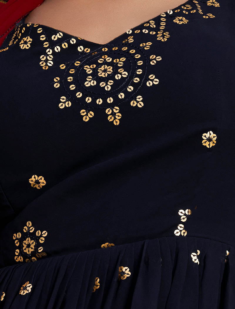 Ethnic Navy Blue Georgette Designer Gown For Women with Thread and Sequin Embroidery Work