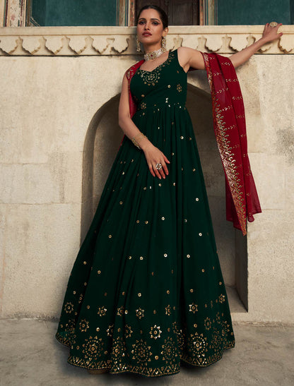 Green Georgette Designer Embroidery Ehnic Gown For Women