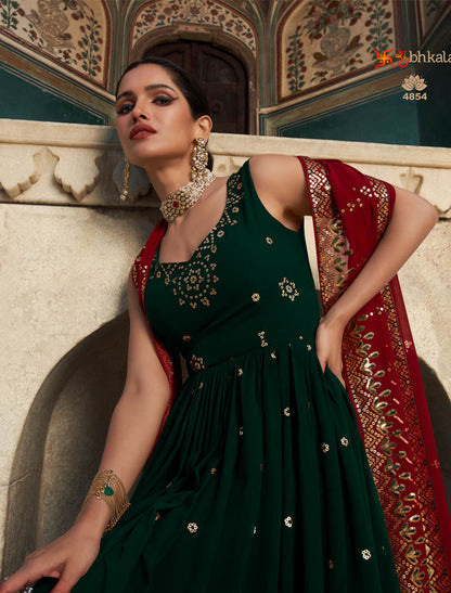 Green Georgette Designer Embroidery Ehnic Gown For Women