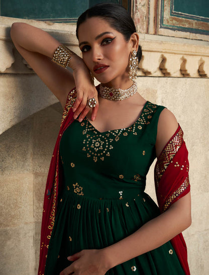 Green Georgette Designer Embroidery Ehnic Gown For Women