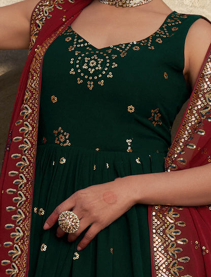 Green Georgette Designer Embroidery Ehnic Gown For Women