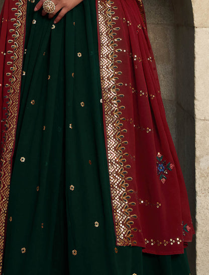 Green Georgette Designer Embroidery Ehnic Gown For Women