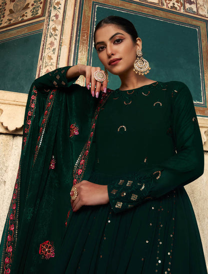 Green Georgette Designer Ethnic Embroidery Gown For Women