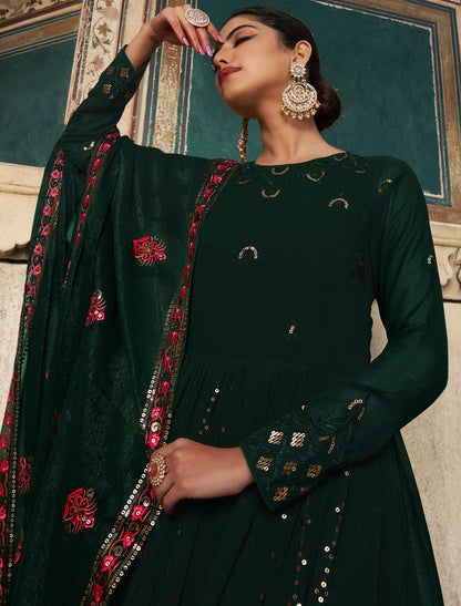 Green Georgette Designer Ethnic Embroidery Gown For Women