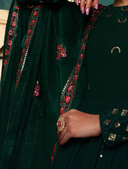 Green Georgette Designer Ethnic Embroidery Gown For Women