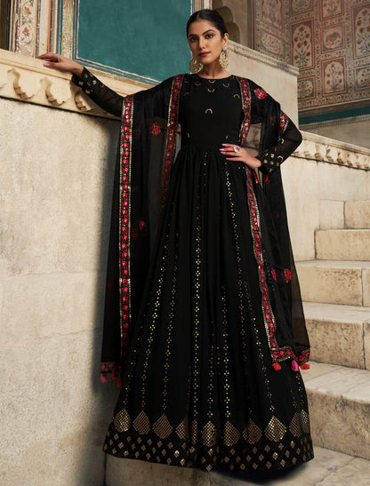 Starry Nights Black Georgette Designer Ethnic Gown For Women with Sequin Embroidery