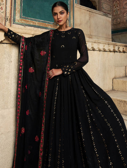 Starry Nights Black Georgette Designer Ethnic Gown For Women with Sequin Embroidery
