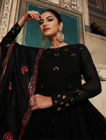 Starry Nights Black Georgette Designer Ethnic Gown For Women with Sequin Embroidery