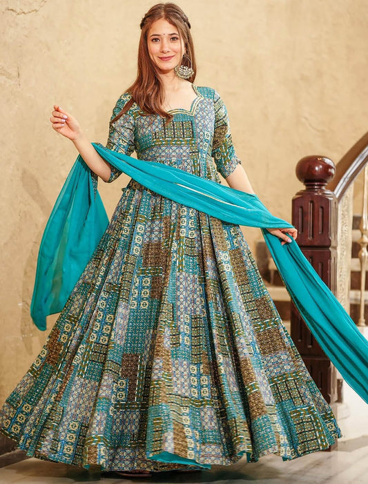 Blue Heavy Anarkali Rayon Party Wear Wedding Gown For Women With Georgette Dupatta