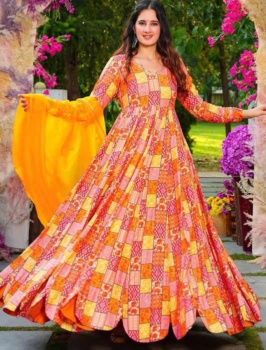 Orange Heavy Rayon Anarkali Party Wear Wedding Gown For Women