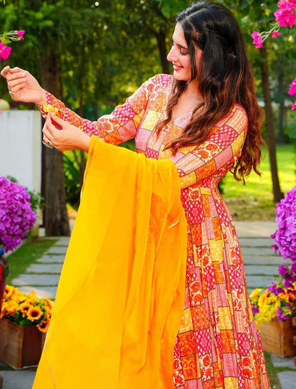 Orange Heavy Rayon Anarkali Party Wear Wedding Gown For Women