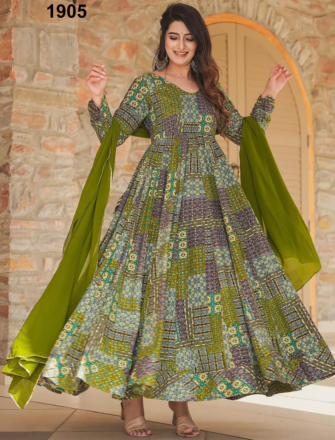 Green Ethnic Rayon Women Anarkali Gown For Wedding Party Wear & Georgette Dupatta