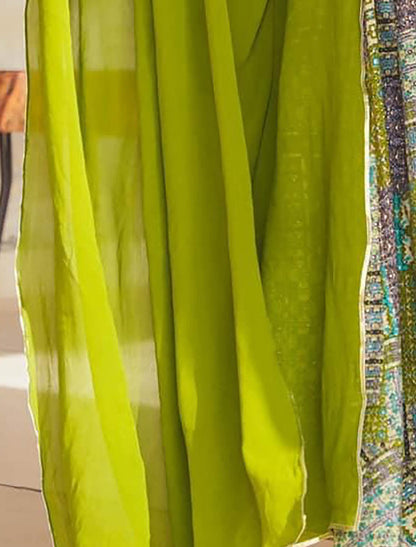 Green Ethnic Rayon Women Anarkali Gown For Wedding Party Wear & Georgette Dupatta