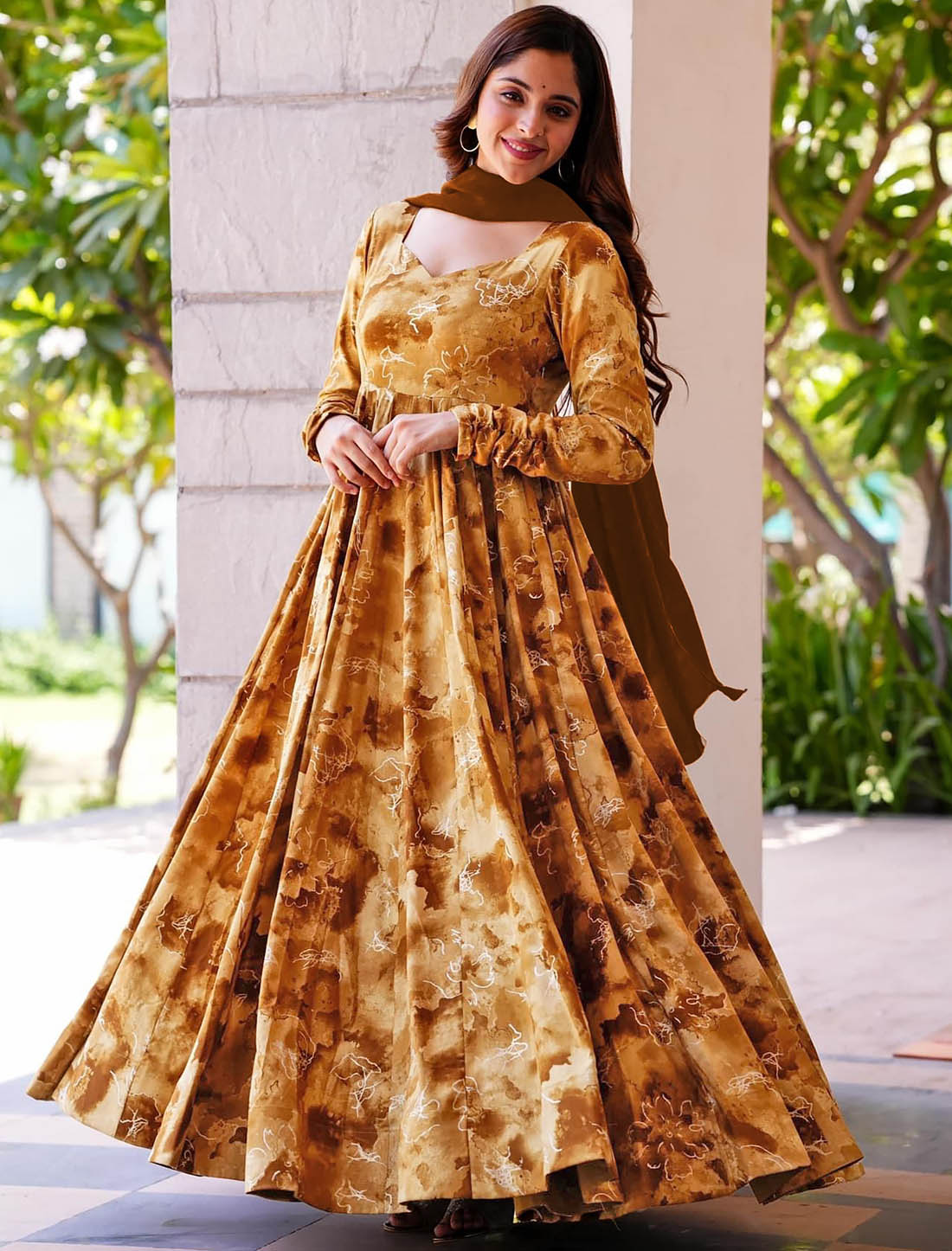 Yellow Anarkali Rayon Wedding Party Wear Gown For Women & Georgette Dupatta