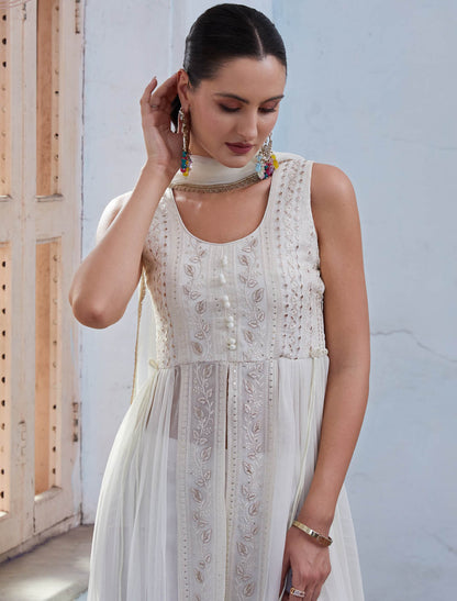Off White Elegant Georgette Ethnic Party Wear Kurti Sets