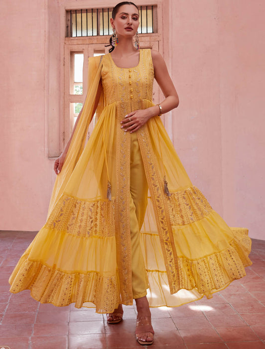 Yellow Ethnic Georgette Party Wear Kurti Sets With Sequins Embroidery Work And Thread Zari