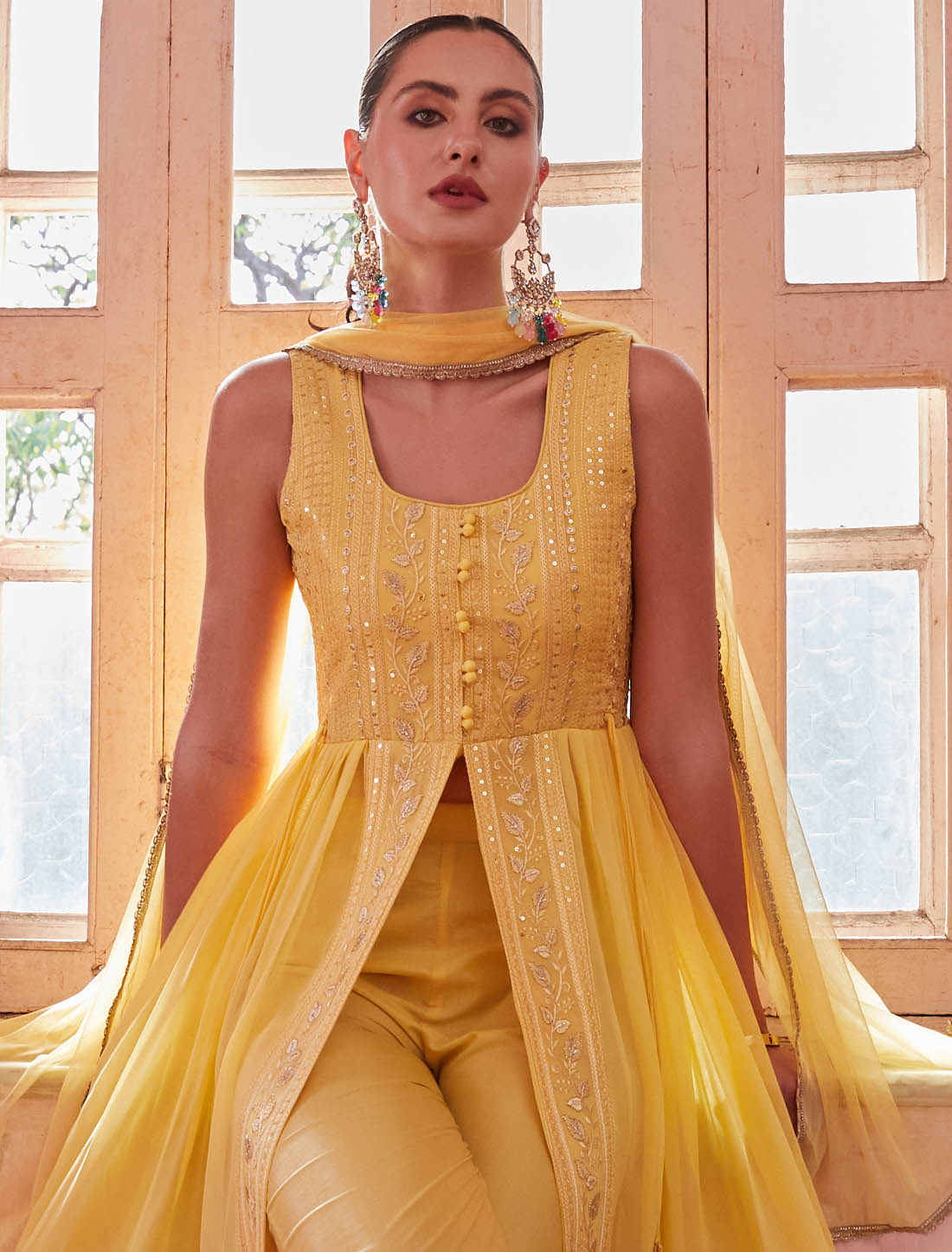 Yellow Ethnic Georgette Party Wear Kurti Sets With Sequins Embroidery Work And Thread Zari