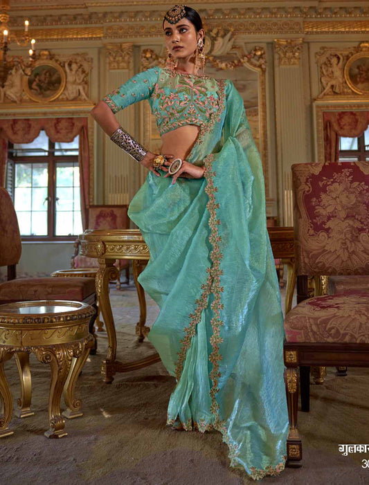 Ethnic Sky Blue Soft Tissue Multi Thread Embroidery Saree