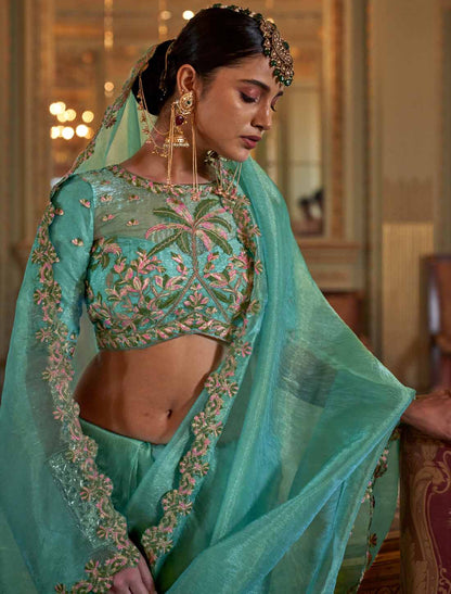 Ethnic Sky Blue Soft Tissue Multi Thread Embroidery Saree