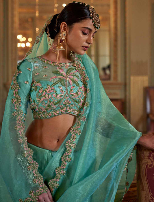 Ethnic Sky Blue Soft Tissue Multi Thread Embroidery Saree