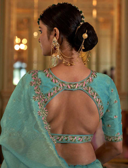 Ethnic Sky Blue Soft Tissue Multi Thread Embroidery Saree