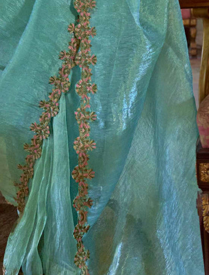 Ethnic Sky Blue Soft Tissue Multi Thread Embroidery Saree
