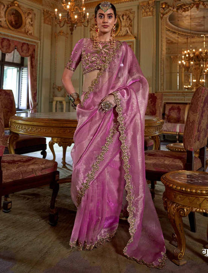 Light Pink Soft Tissue Mulri Thread Embroidery Ethnic Saree