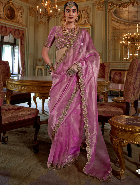 Light Pink Soft Tissue Mulri Thread Embroidery Ethnic Saree
