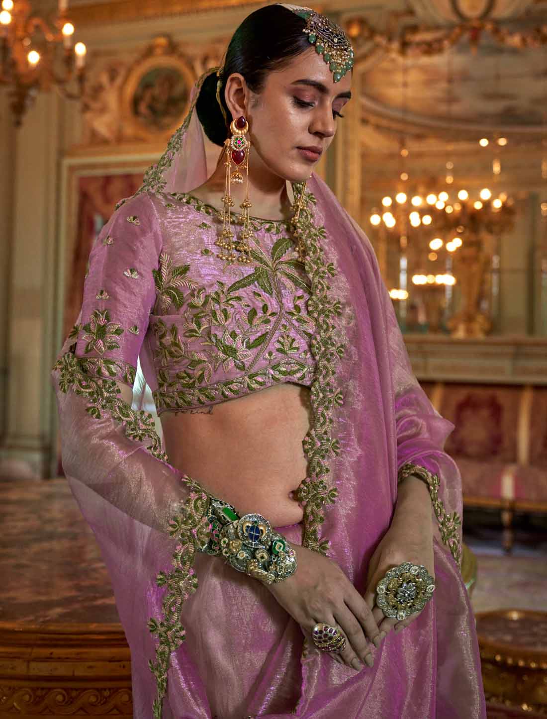 Light Pink Soft Tissue Mulri Thread Embroidery Ethnic Saree