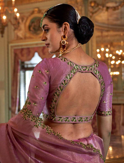 Light Pink Soft Tissue Mulri Thread Embroidery Ethnic Saree