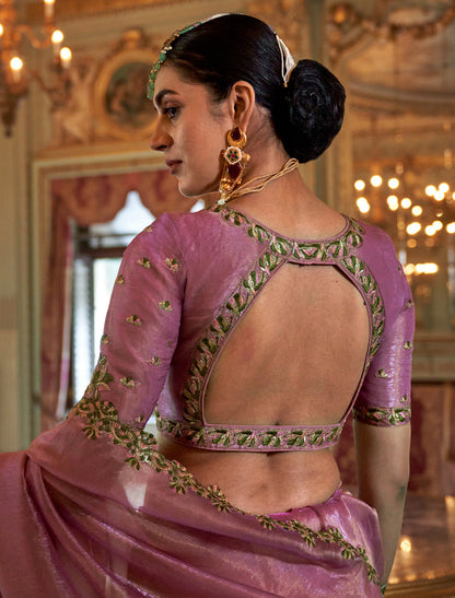 Light Pink Soft Tissue Mulri Thread Embroidery Ethnic Saree
