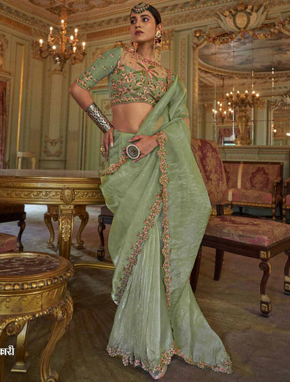Ethnic Pista Green Soft Tissue Multi Thread Embroidery Saree