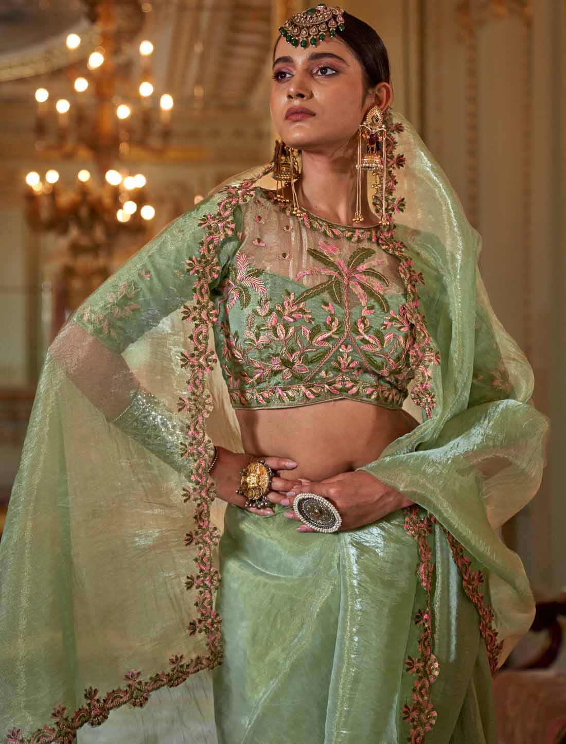 Ethnic Pista Green Soft Tissue Multi Thread Embroidery Saree