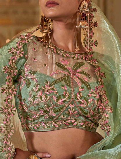 Ethnic Pista Green Soft Tissue Multi Thread Embroidery Saree