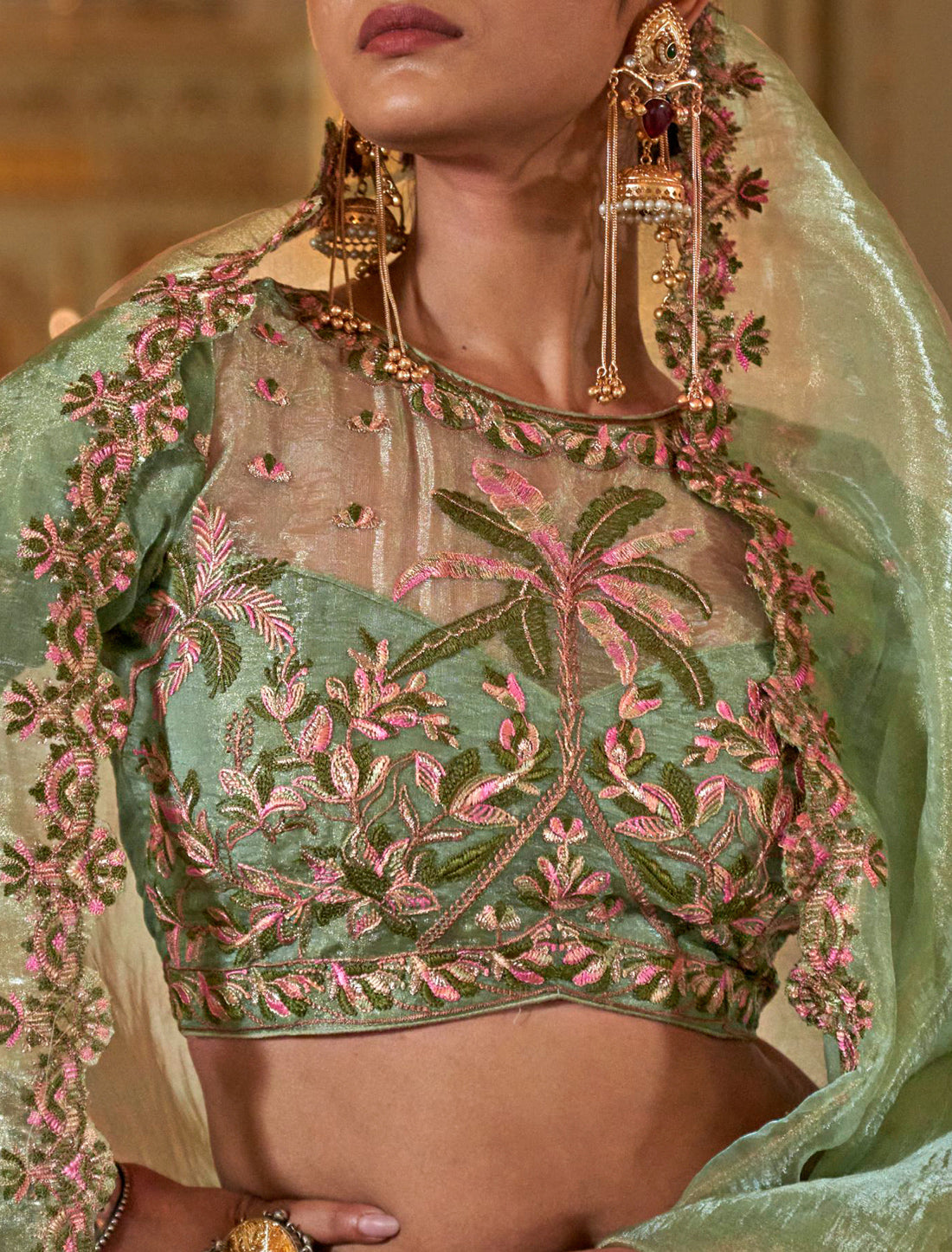 Ethnic Pista Green Soft Tissue Multi Thread Embroidery Saree