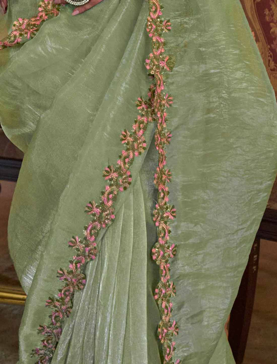 Ethnic Pista Green Soft Tissue Multi Thread Embroidery Saree