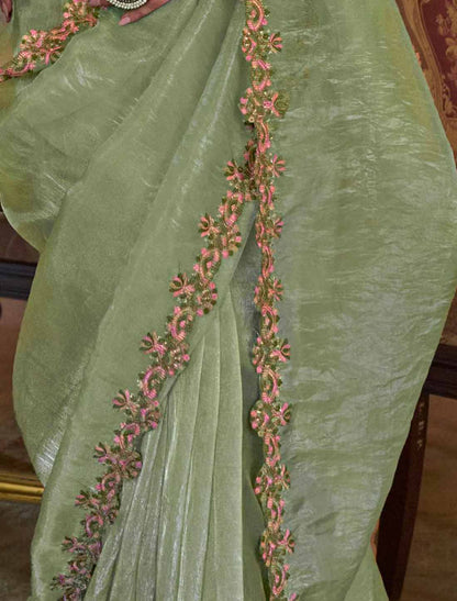 Ethnic Pista Green Soft Tissue Multi Thread Embroidery Saree