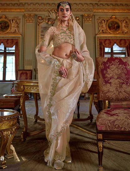Light Cream Soft Tissue Ethnic Multi Thread Embroidery Work Saree