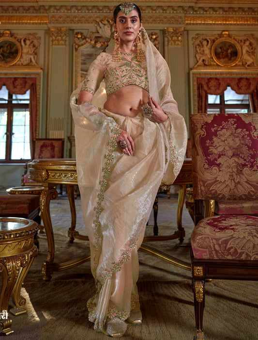 Light Cream Soft Tissue Ethnic Multi Thread Embroidery Work Saree