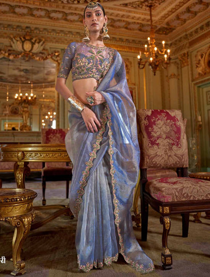 Ethnic Shine Grey Soft Tissue Multi Thread Embroidery Saree