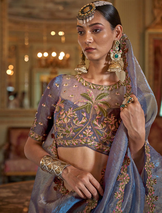 Ethnic Shine Grey Soft Tissue Multi Thread Embroidery Saree